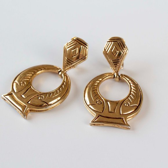 Large Gold Tribal Pattern Door Knocker Earrings - Picture 3 of 3